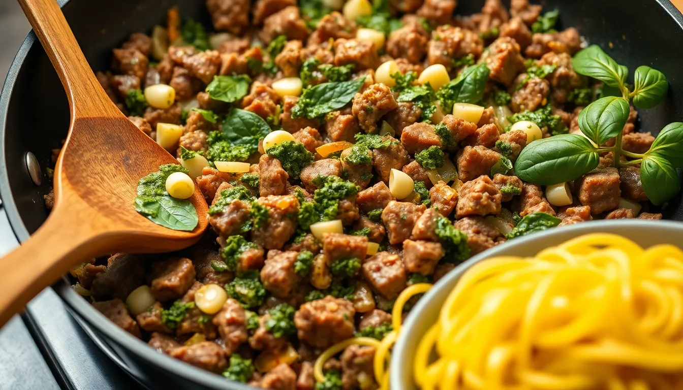 Easy Ground Beef and Pesto Recipe - Ready in 20 Minutes 4 Easy Ground Beef and Pesto Recipe - Ready in 20 Minutes 3