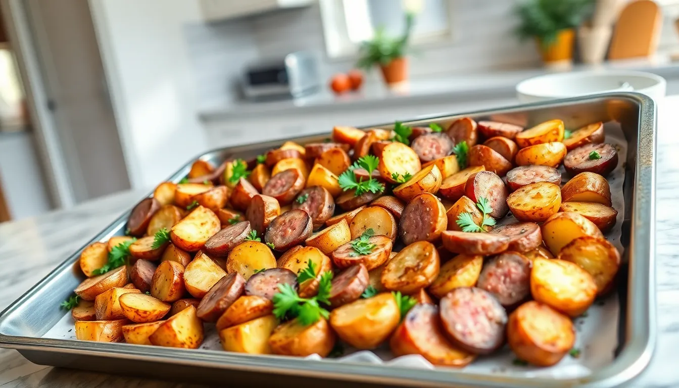 Easy Oven Roasted Smoked Sausage and Potatoes Recipe (30-Minute Sheet Pan Meal) 6 Easy Oven Roasted Smoked Sausage and Potatoes Recipe (30-Minute Sheet Pan Meal) 5
